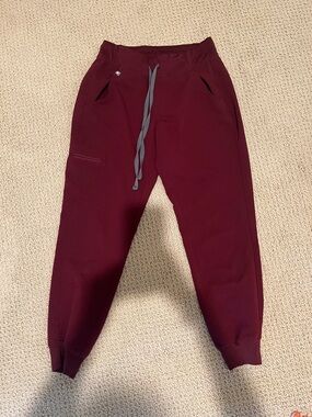 Figs Burgundy Track Jogger Pants with Gray Drawstring
